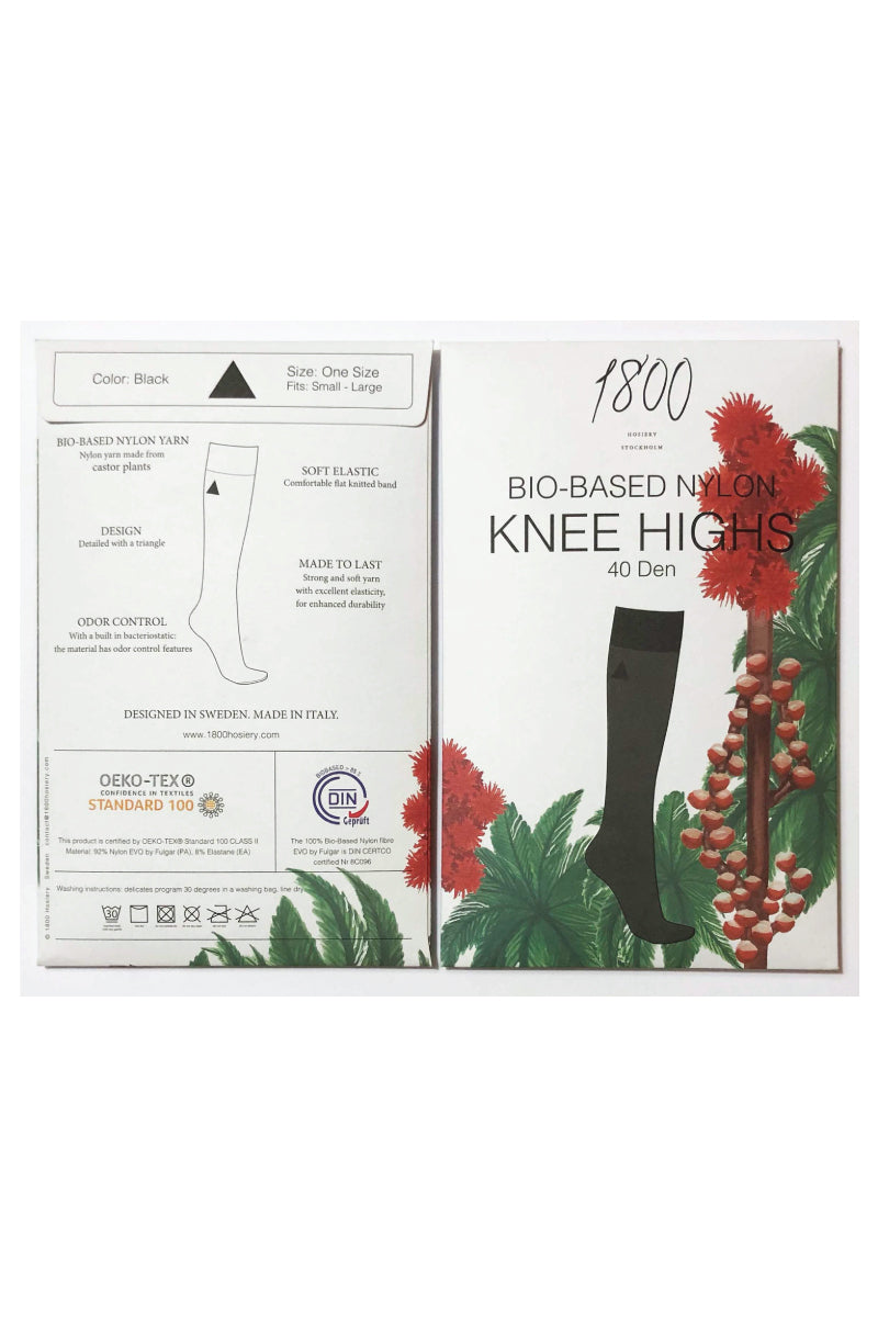 Svarta knästrumpor i biobaserad nylon. Black knee highs in biobased nylon, 40 denier. Bio based nylon from castor plants.