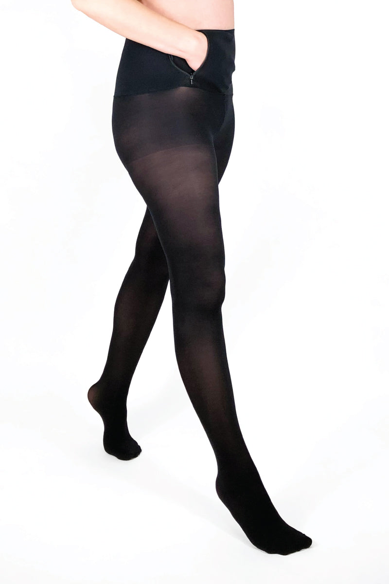 Svarta strumpbyxor med ficka. Strumpbyxa med brett midjeband. Black pantyhose with pocket.  Tights with wide waistband in 50 denier.