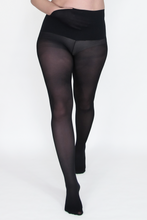 Load image into Gallery viewer, Svarta strumpbyxor med ficka. Strumpbyxa med brett midjeband. Black pantyhose with pocket. Tights with wide waistband in 50 denier.