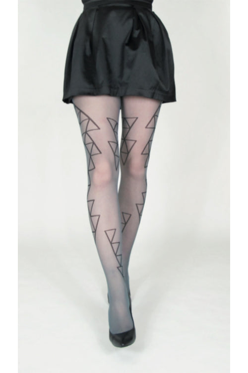 Grå strumpbyxor i 30 denier. Strumpbyxa med svart geometriskt mönster. Gray pantyhose in 30 denier. Tights with black geometric minimalistic pattern.