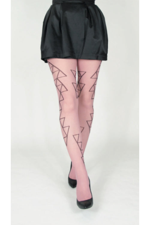 Rosa strumpbyxor i 30 denier. Strumpbyxa med svart geometriskt mönster. Pink pantyhose in 30 denier. Tights with black geometric minimalistic pattern.