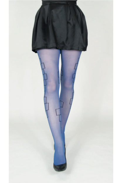 Blå strumpbyxor i 30 denier. Strumpbyxa med svart geometriskt mönster. Blue pantyhose in 30 denier. Tights with black geometric minimalistic pattern.