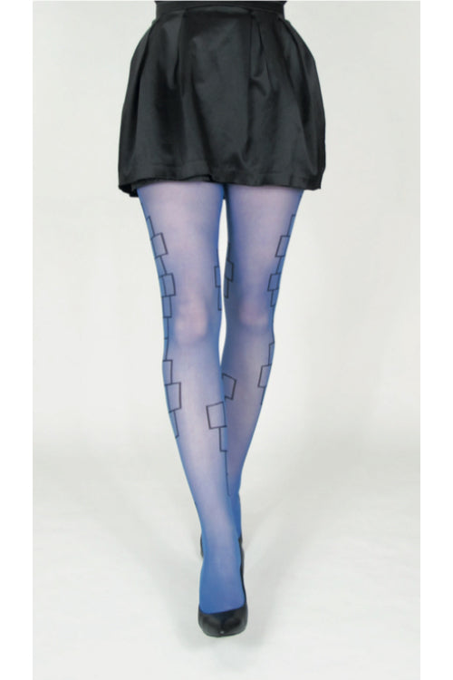 Blå strumpbyxor i 30 denier. Strumpbyxa med svart geometriskt mönster. Blue pantyhose in 30 denier. Tights with black geometric minimalistic pattern.
