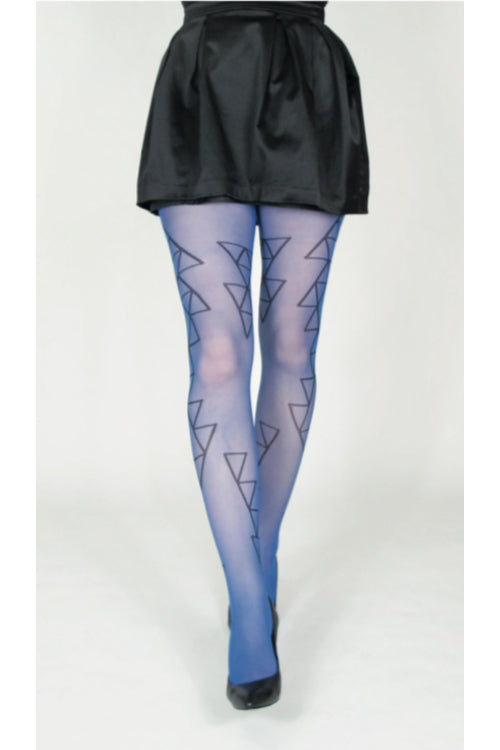Blå strumpbyxor i 30 denier. Strumpbyxa med svart geometriskt mönster. Blue pantyhose in 30 denier. Tights with black geometric minimalistic pattern.