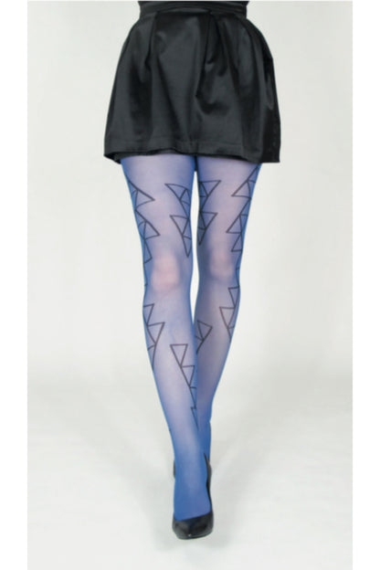 Blå strumpbyxor i 30 denier. Strumpbyxa med svart geometriskt mönster. Blue pantyhose in 30 denier. Tights with black geometric minimalistic pattern.